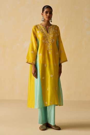 Shop_Shikha Mehta_Yellow , Chanderi, Cotton, Organza Embroidery V-neck Hand Kurta Set _Online_at_Aza_Fashions