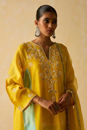 Shikha Mehta_Yellow , Chanderi, Cotton, Organza Embroidery V-neck Hand Kurta Set _at_Aza_Fashions