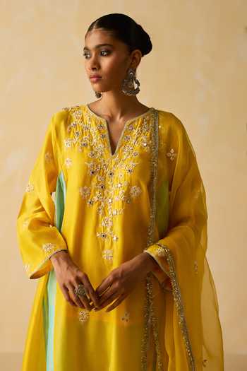 Buy_Shikha Mehta_Yellow , Chanderi, Cotton, Organza Embroidery V-neck Hand Kurta Set 