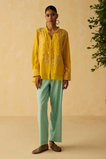 Shikha Mehta_Yellow Cotton, Chanderi, Silk Embroidery, Pearls Avika Hand Top Pant Set _Online_at_Aza_Fashions
