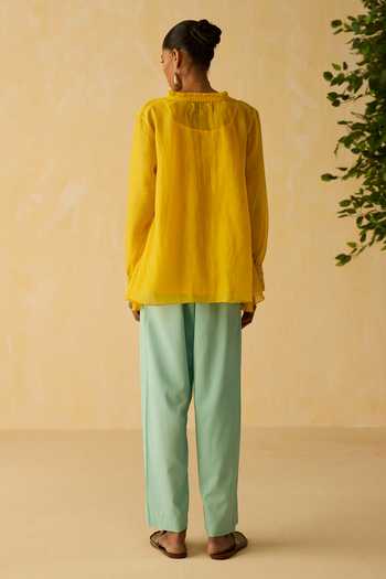 Shop_Shikha Mehta_Yellow Cotton, Chanderi, Silk Embroidery, Pearls Avika Hand Top Pant Set _at_Aza_Fashions