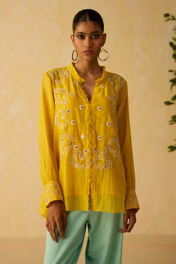 Buy_Shikha Mehta_Yellow Cotton, Chanderi, Silk Embroidery, Pearls Avika Hand Top Pant Set _Online_at_Aza_Fashions