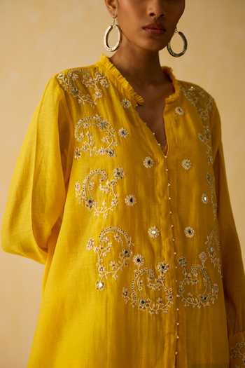 Shop_Shikha Mehta_Yellow Cotton, Chanderi, Silk Embroidery, Pearls Avika Hand Top Pant Set _Online_at_Aza_Fashions