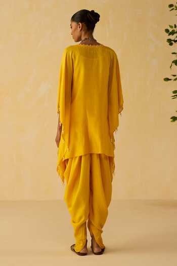Shop_Shikha Mehta_Yellow Silk, Cotton Pearls, Tassels V-neck Daaviana Dola Kurta Set _at_Aza_Fashions
