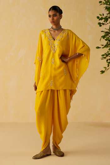 Buy_Shikha Mehta_Yellow Silk, Cotton Pearls, Tassels V-neck Daaviana Dola Kurta Set _Online_at_Aza_Fashions