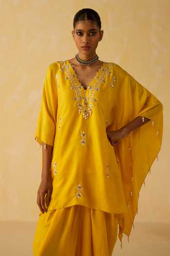 Shop_Shikha Mehta_Yellow Silk, Cotton Pearls, Tassels V-neck Daaviana Dola Kurta Set _Online_at_Aza_Fashions