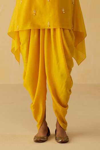 Shikha Mehta_Yellow Silk, Chanderi Embroidery Keyhole Isla Butti Work Top And Cowl Pant Set _Online_at_Aza_Fashions