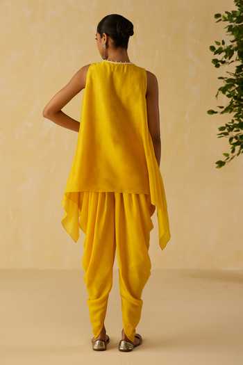 Shop_Shikha Mehta_Yellow Silk, Chanderi Embroidery Keyhole Isla Butti Work Top And Cowl Pant Set _at_Aza_Fashions