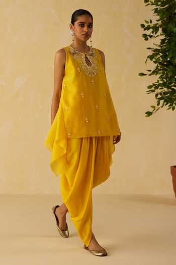 Buy_Shikha Mehta_Yellow Silk, Chanderi Embroidery Keyhole Isla Butti Work Top And Cowl Pant Set _Online_at_Aza_Fashions