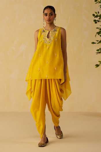 Shop_Shikha Mehta_Yellow Silk, Chanderi Embroidery Keyhole Isla Butti Work Top And Cowl Pant Set _Online_at_Aza_Fashions