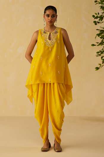 Buy_Shikha Mehta_Yellow Silk, Chanderi Embroidery Keyhole Isla Butti Work Top And Cowl Pant Set _at_Aza_Fashions