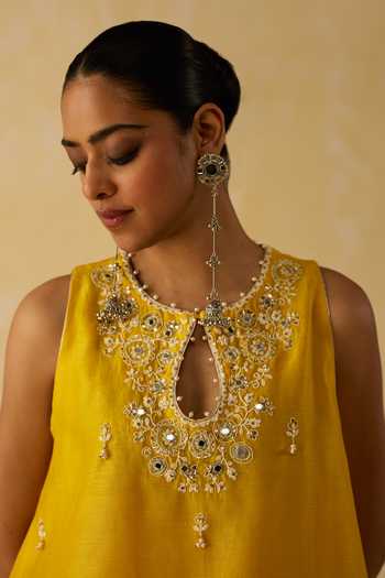 Shop_Shikha Mehta_Yellow Silk, Chanderi Embroidery Keyhole Isla Butti Work Top And Cowl Pant Set 