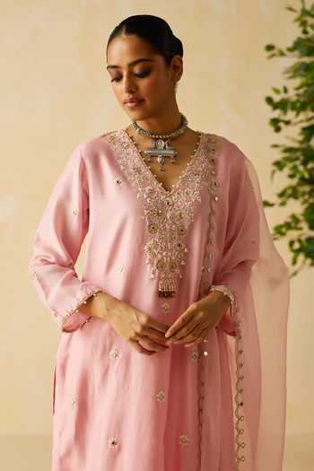 Buy_Shikha Mehta_Purple , Chanderi, Cotton, Organza Niyara Dori Hand Kurta Set _Online_at_Aza_Fashions