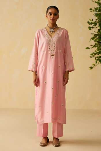 Shop_Shikha Mehta_Purple , Chanderi, Cotton, Organza Niyara Dori Hand Kurta Set _Online_at_Aza_Fashions