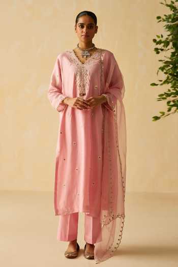 Shikha Mehta_Purple , Chanderi, Cotton, Organza Niyara Dori Hand Kurta Set _at_Aza_Fashions