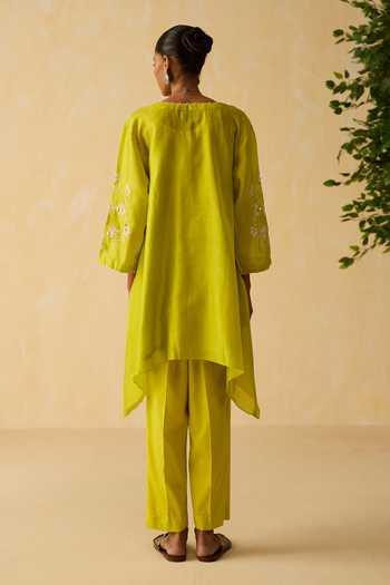 Shop_Shikha Mehta_Lime Silk, Chanderi, Cotton Embroidery, Mirrors V-neck Arzoo Dori Kurta Set _at_Aza_Fashions