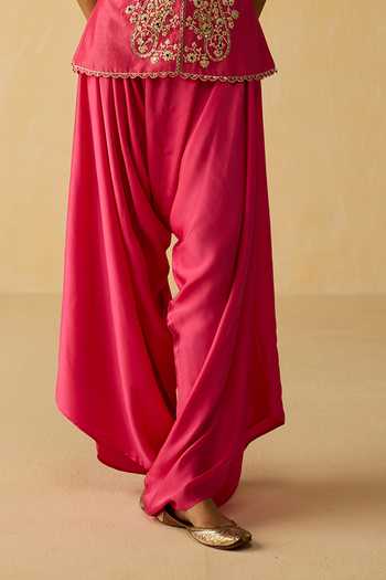 Shikha Mehta_Pink , Chanderi, Satin Embroidery, Zari Hand Jacket And Pant Set _Online_at_Aza_Fashions