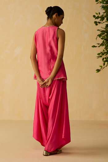 Shop_Shikha Mehta_Pink , Chanderi, Satin Embroidery, Zari Hand Jacket And Pant Set _at_Aza_Fashions