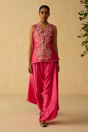 Buy_Shikha Mehta_Pink , Chanderi, Satin Embroidery, Zari Hand Jacket And Pant Set _Online_at_Aza_Fashions