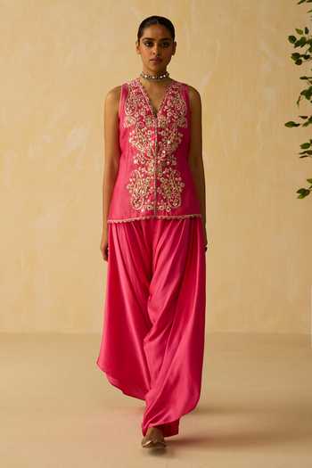 Shop_Shikha Mehta_Pink , Chanderi, Satin Embroidery, Zari Hand Jacket And Pant Set _Online_at_Aza_Fashions