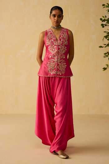 Buy_Shikha Mehta_Pink , Chanderi, Satin Embroidery, Zari Hand Jacket And Pant Set _at_Aza_Fashions