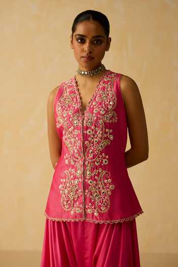 Shikha Mehta_Pink , Chanderi, Satin Embroidery, Zari Hand Jacket And Pant Set _at_Aza_Fashions