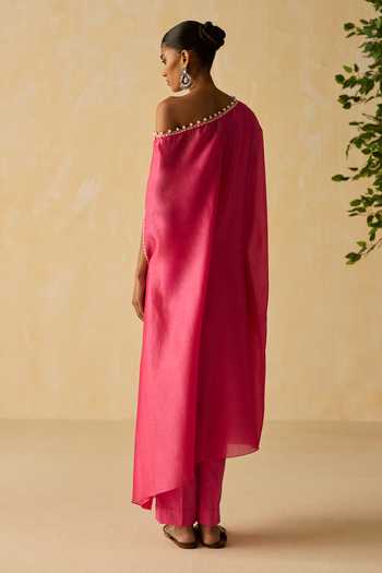 Shop_Shikha Mehta_Pink Cotton, , Chanderi Embroidery Kaya Dori Hand Kaftan Set _at_Aza_Fashions
