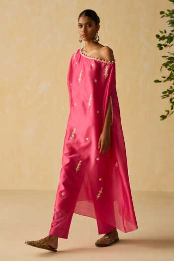 Shikha Mehta_Pink Cotton, , Chanderi Embroidery Kaya Dori Hand Kaftan Set _Online_at_Aza_Fashions