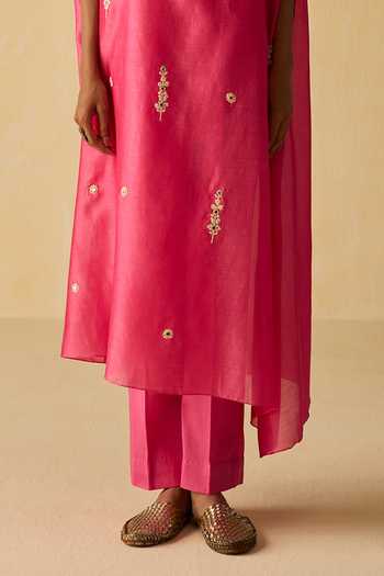 Buy_Shikha Mehta_Pink Cotton, , Chanderi Embroidery Kaya Dori Hand Kaftan Set _Online_at_Aza_Fashions