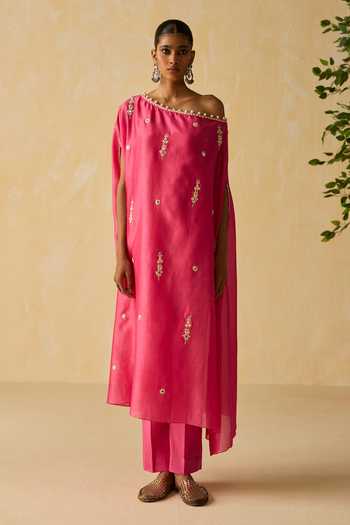 Shop_Shikha Mehta_Pink Cotton, , Chanderi Embroidery Kaya Dori Hand Kaftan Set _Online_at_Aza_Fashions