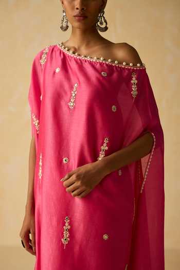Shikha Mehta_Pink Cotton, , Chanderi Embroidery Kaya Dori Hand Kaftan Set _at_Aza_Fashions