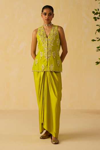 Shikha Mehta_Lime Chanderi , Satin Embroidery Gaia Dori And Hand Jacket Skirt Set _Online_at_Aza_Fashions
