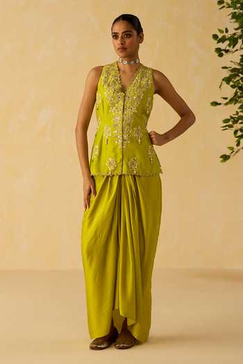 Shop_Shikha Mehta_Lime Chanderi , Satin Embroidery Gaia Dori And Hand Jacket Skirt Set _at_Aza_Fashions