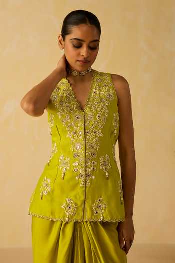 Buy_Shikha Mehta_Lime Chanderi , Satin Embroidery Gaia Dori And Hand Jacket Skirt Set _Online_at_Aza_Fashions