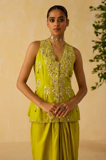 Shop_Shikha Mehta_Lime Chanderi , Satin Embroidery Gaia Dori And Hand Jacket Skirt Set _Online_at_Aza_Fashions