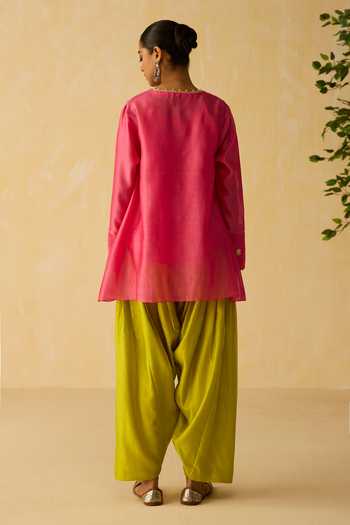 Shop_Shikha Mehta_Pink Silk, Chanderi, Cotton Zari Split Vaani Dori And Hand Embroidered Kurta Set _at_Aza_Fashions
