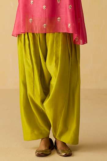 Shikha Mehta_Pink Silk, Chanderi, Cotton Zari Split Vaani Dori And Hand Embroidered Kurta Set _Online_at_Aza_Fashions