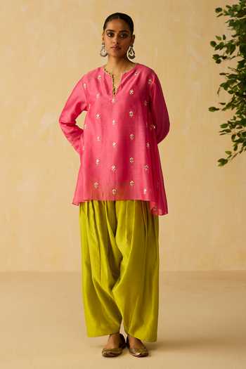 Buy_Shikha Mehta_Pink Silk, Chanderi, Cotton Zari Split Vaani Dori And Hand Embroidered Kurta Set _Online_at_Aza_Fashions