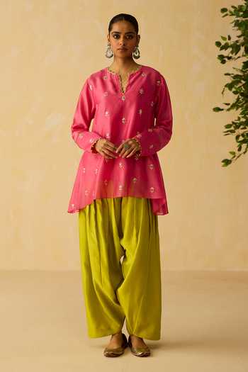 Buy_Shikha Mehta_Pink Silk, Chanderi, Cotton Zari Split Vaani Dori And Hand Embroidered Kurta Set _at_Aza_Fashions
