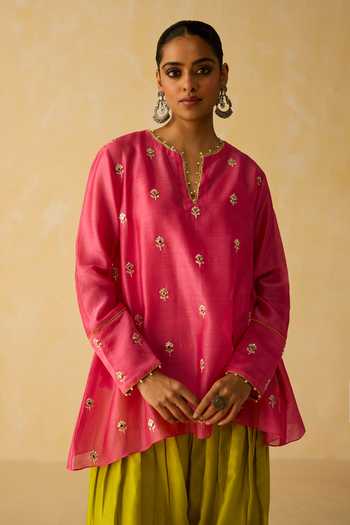 Shop_Shikha Mehta_Pink Silk, Chanderi, Cotton Zari Split Vaani Dori And Hand Embroidered Kurta Set _Online_at_Aza_Fashions
