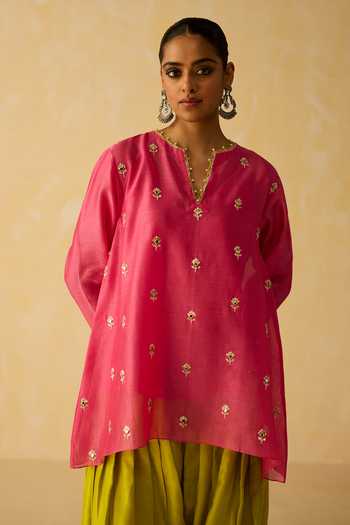 Shikha Mehta_Pink Silk, Chanderi, Cotton Zari Split Vaani Dori And Hand Embroidered Kurta Set _at_Aza_Fashions
