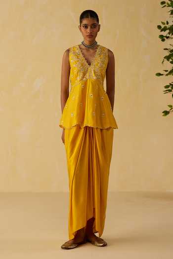 Buy_Shikha Mehta_Yellow Chanderi , Satin Embroidery Hand Top And Skirt Set _at_Aza_Fashions
