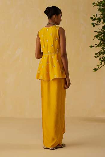 Shop_Shikha Mehta_Yellow Chanderi , Satin Embroidery Hand Top And Skirt Set _at_Aza_Fashions
