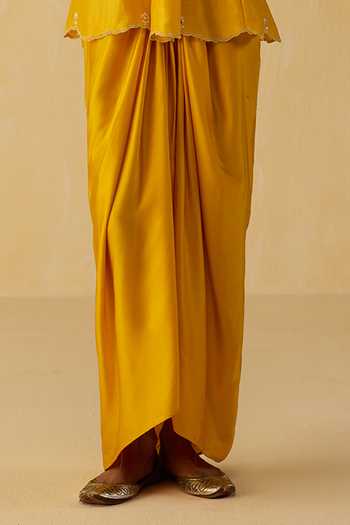 Shikha Mehta_Yellow Chanderi , Satin Embroidery Hand Top And Skirt Set _Online_at_Aza_Fashions