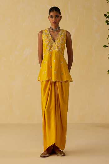 Buy_Shikha Mehta_Yellow Chanderi , Satin Embroidery Hand Top And Skirt Set _Online_at_Aza_Fashions