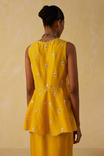 Shop_Shikha Mehta_Yellow Chanderi , Satin Embroidery Hand Top And Skirt Set _Online_at_Aza_Fashions