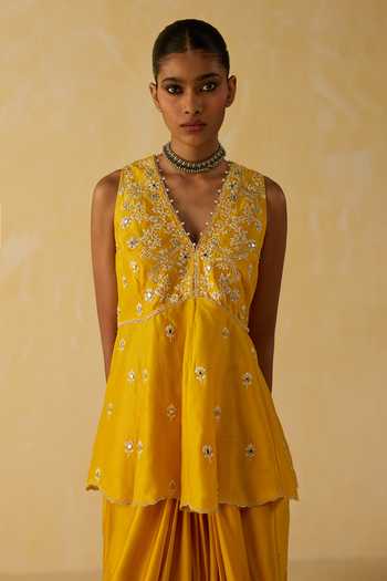 Shikha Mehta_Yellow Chanderi , Satin Embroidery Hand Top And Skirt Set _at_Aza_Fashions