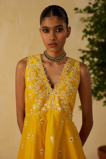Shop_Shikha Mehta_Yellow Chanderi , Satin Embroidery Hand Top And Skirt Set 