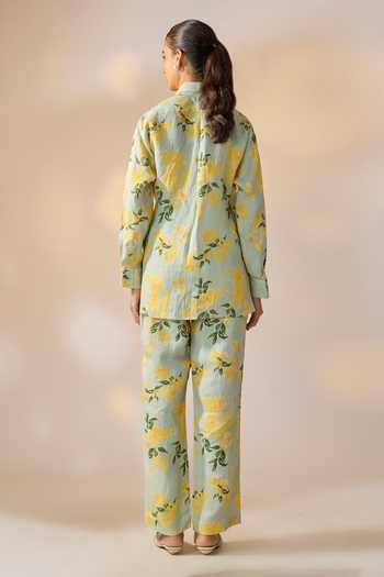 Shop_Ewoke_Multi Color Hemp Mandarin Collar Floral Jacket And Pant Set _at_Aza_Fashions