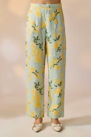 Ewoke_Multi Color Hemp Mandarin Collar Floral Jacket And Pant Set _Online_at_Aza_Fashions